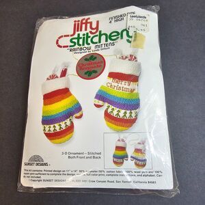 NOS Jiffy Stitchery Rainbow Mittens Ornament Sunset Designs Crewel Embroidery